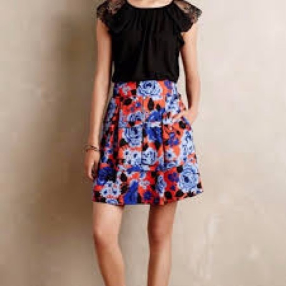 HD in Paris Floral Skirt Red Blue Textured A Line Mini Skirt Anthropologie